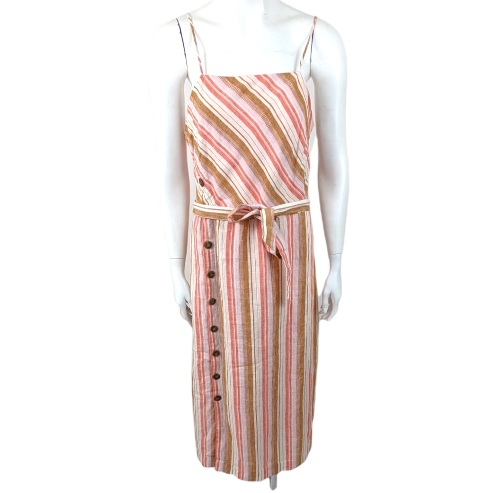 Joie Khari Linen Striped Midi Dress L Coral White Sleeveless Button Stripe - Picture 2 of 10